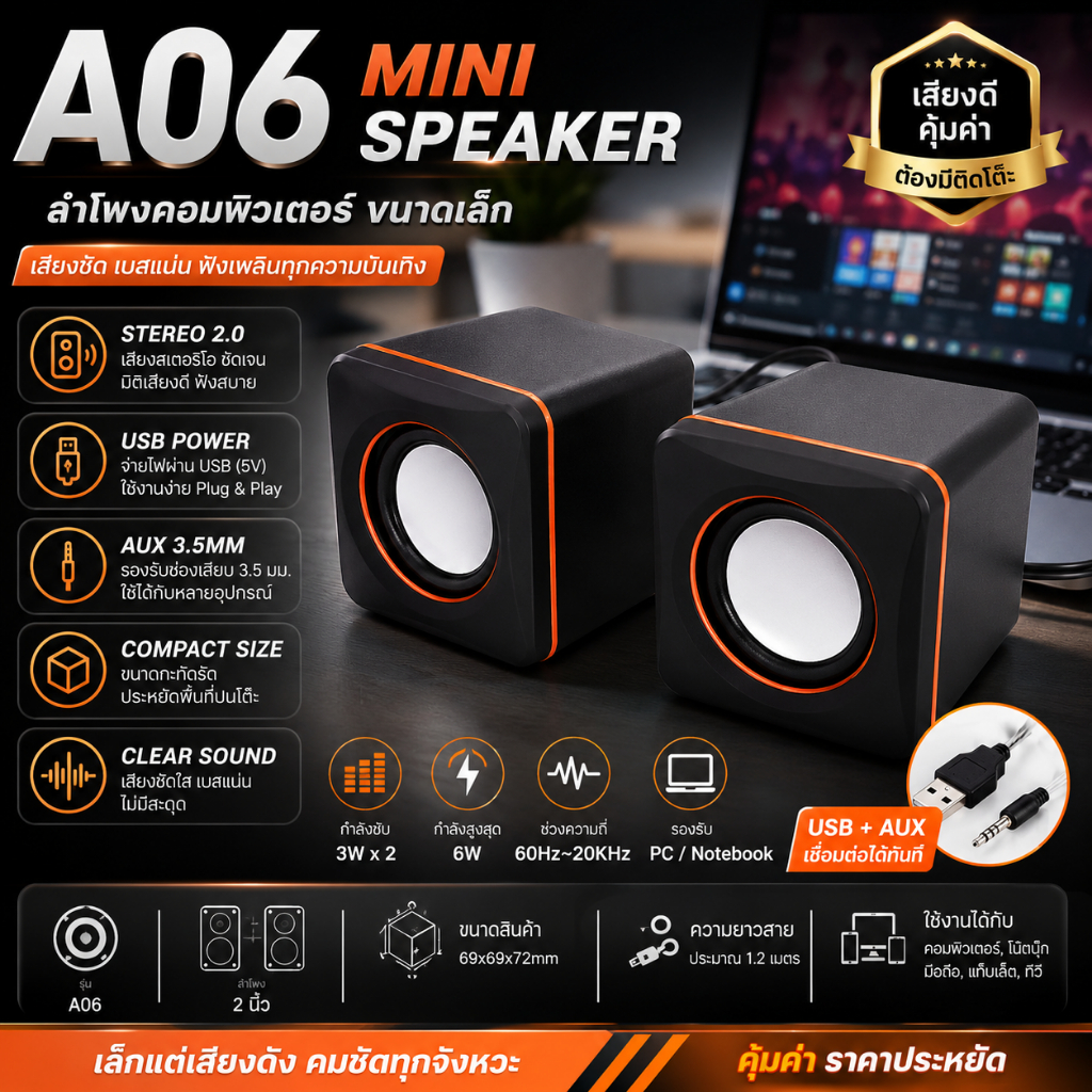 A06 Mini USB Speaker ลำโพงคอมพิวเตอร์ 2.0 Stereo USB + AUX 3.5mm เสียงชัด ขนาดเล็ก