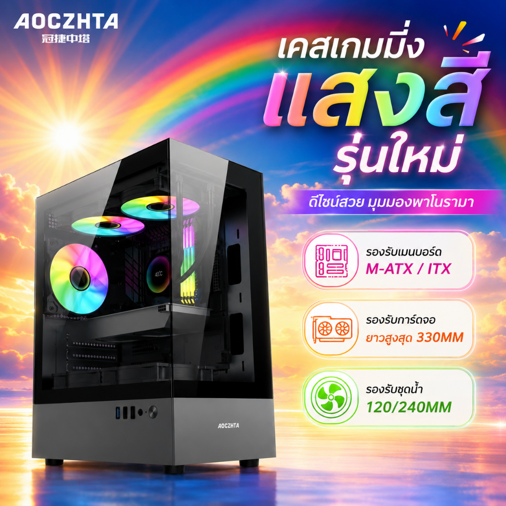 AOC ตู้คอมพิวเตอร์สำหรับห้องสว่างแบบ MATX DIY คอมพิวเตอร์สีขาว เกมเดสก์ท็อป ทั้งหมดด้านข้างโปร่งใส ระบบระบายความร้อน 240