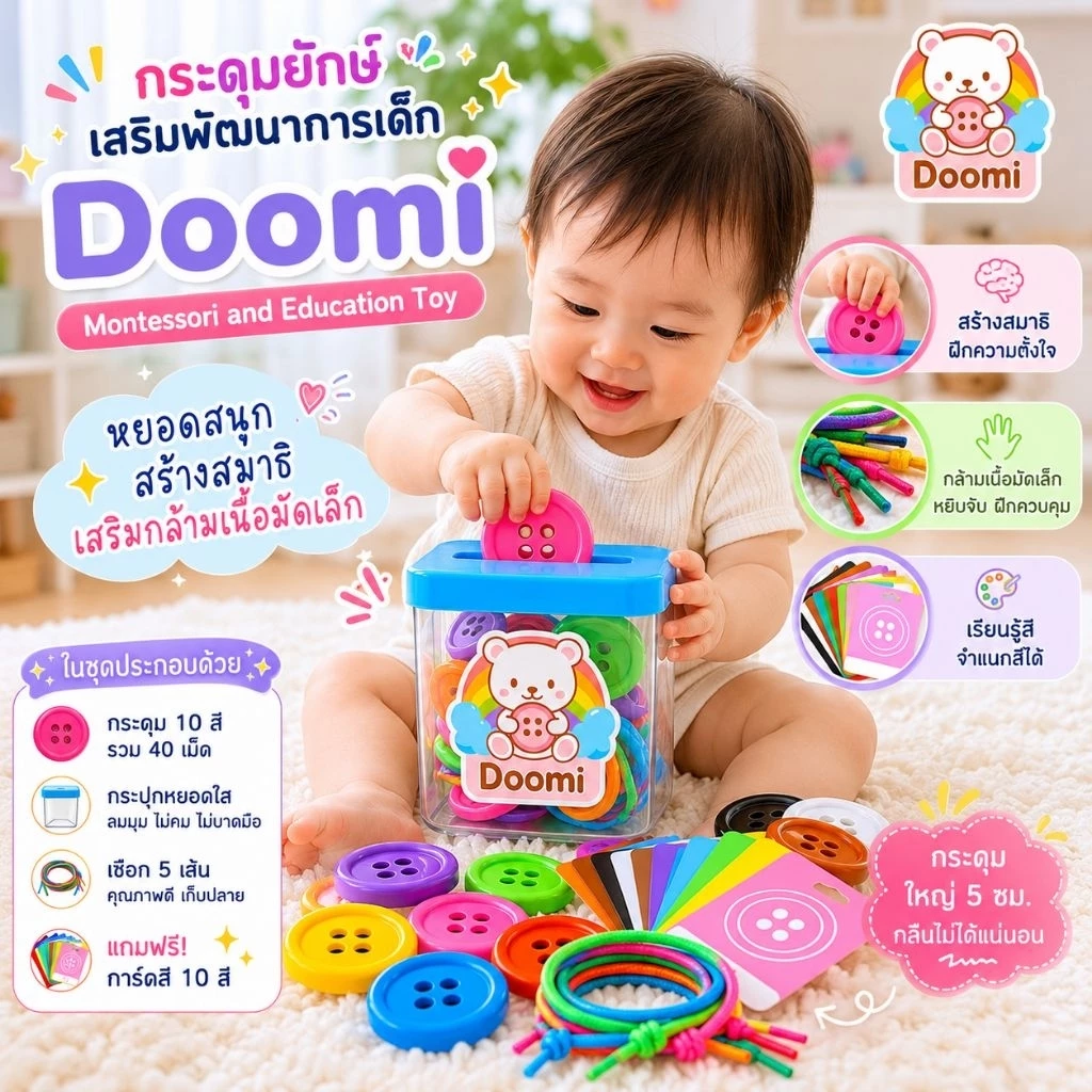 Doomi กระดุมหยอดกระปุก ชุดประหยัด🌈 กระปุกเหลี่ยม+กระดุม 40 เม็ด+การ์ดสี+เชือก