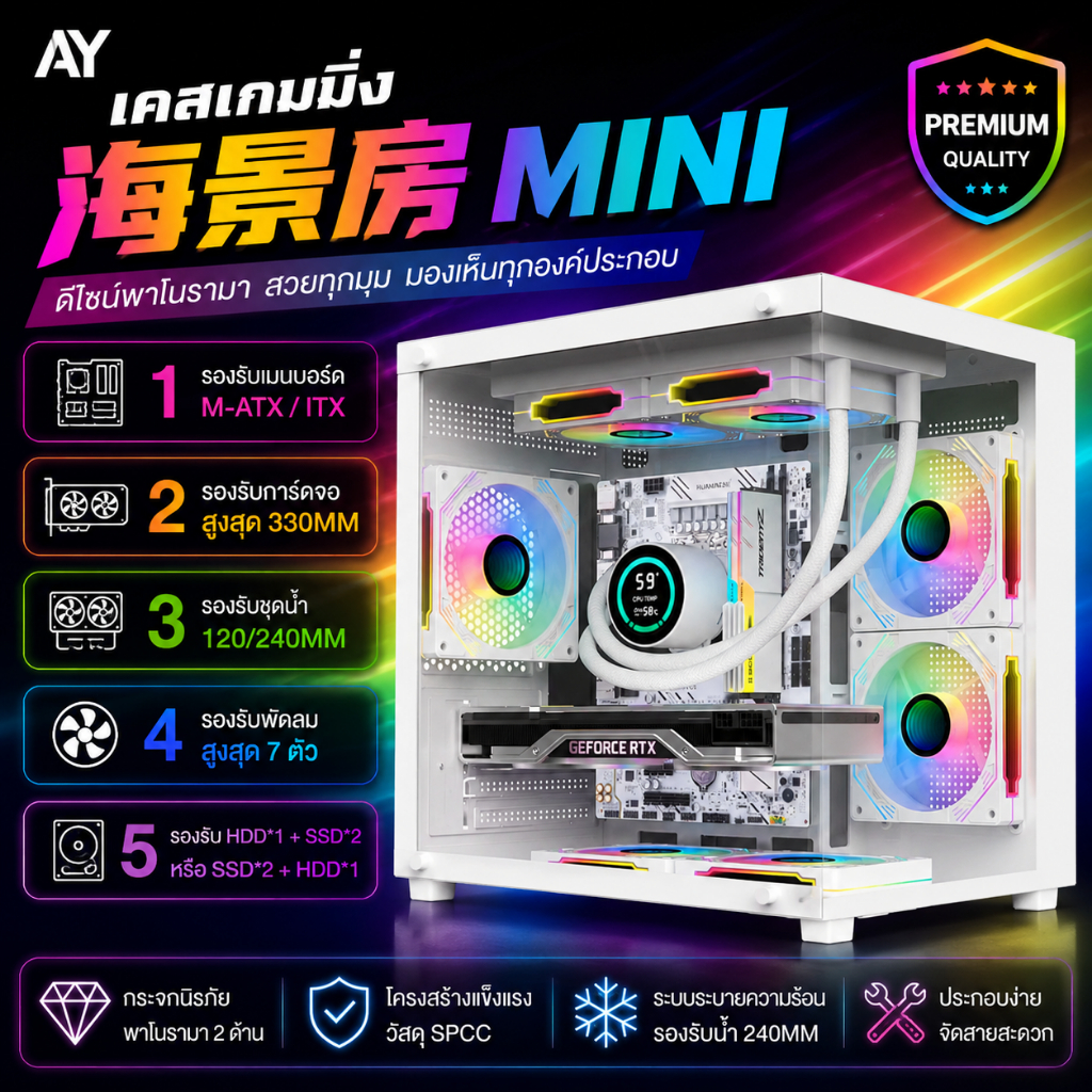 MINGSU MINI Panorama Case เคสคอมพิวเตอร์กระจก 2 ด้าน รองรับชุดน้ำ 240MM รองรับการ์ดจอ 320MM MATX / I