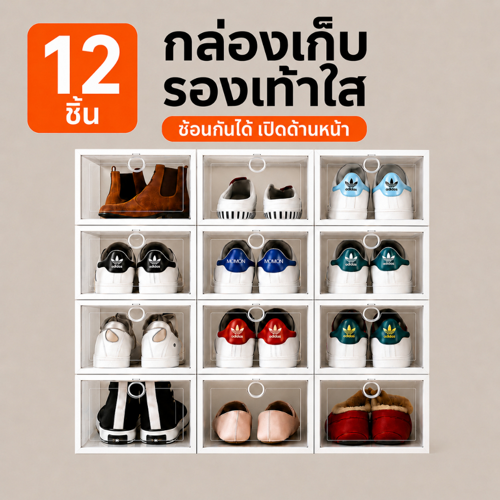 เซ็ต 12 ใบ กล่องรองเท้าใส ชั้นวางรองเท้า กล่องเก็บรองเท้า เปิดหน้า ซ้อนได้ กันฝุ่น แข็งแรง สไตล์มินิมอล