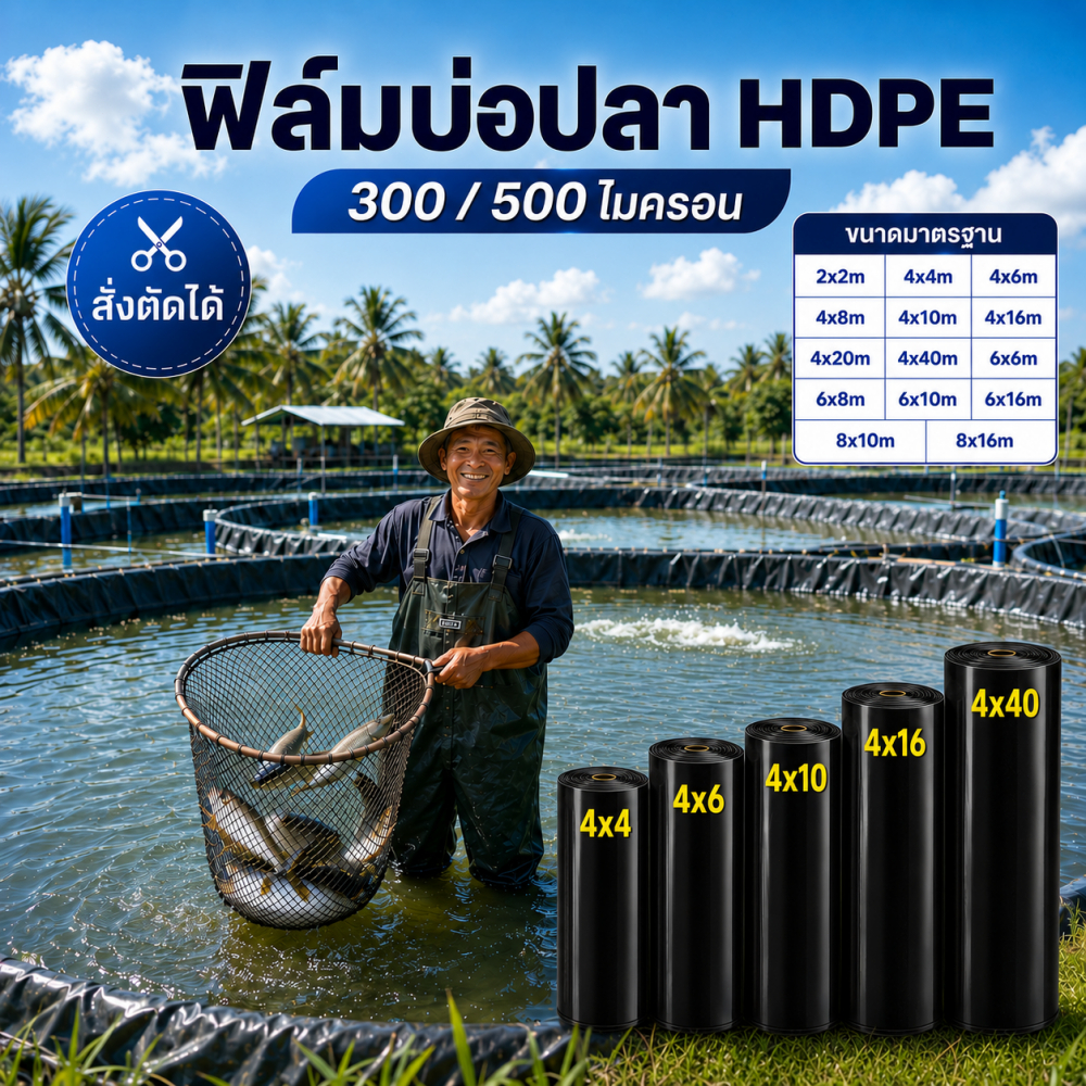 【300/500 ไมครอน】HDPE แผ่นเมมเบรนกันน้ำบ่อปลา ผ้าใบสระคาร์พ พลาสติกปูบ่อน้ำ ฟิล์มกันน้ำการเพาะเลี้ยงสัตว์น้ำ