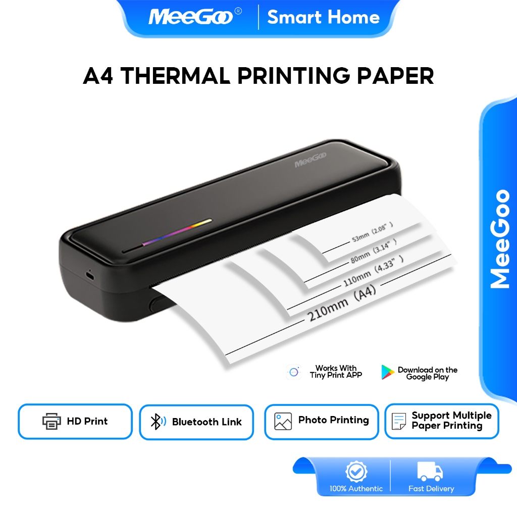 MeeGoo เครื่องปริ้นพกพา A4 Thermal USB+Bluetooth เครื่องพิมพ์พกพาไร้หมึกHD 200 dpi พิมพ์ฉลาก