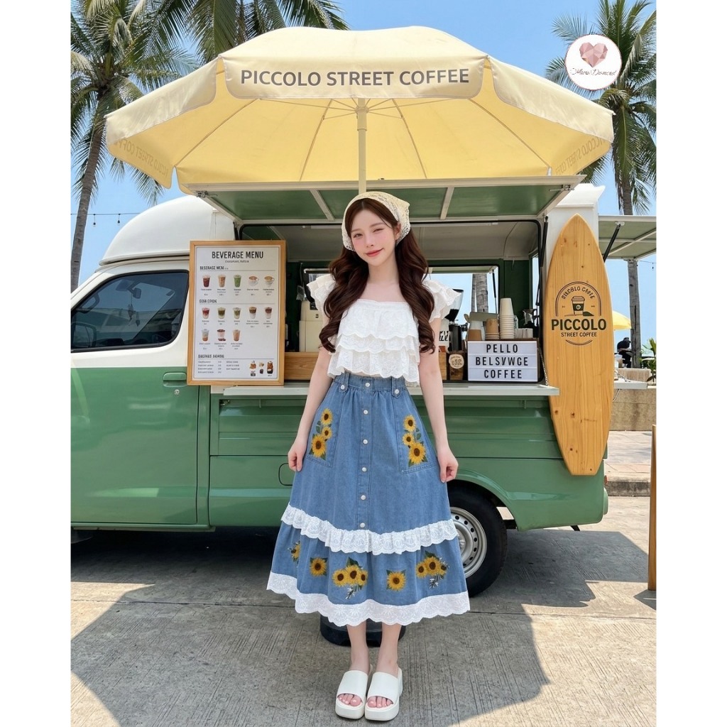(มี3XL) Maria Diamond ยีนส์ Sunflower Love Set เซ็ต 2 ชิ้น เสื้อแขนระบายผ้าลูกไม้ปักฉลุ + กระโปรงยีนส์ยาว มีกระเป๋า แต่ง