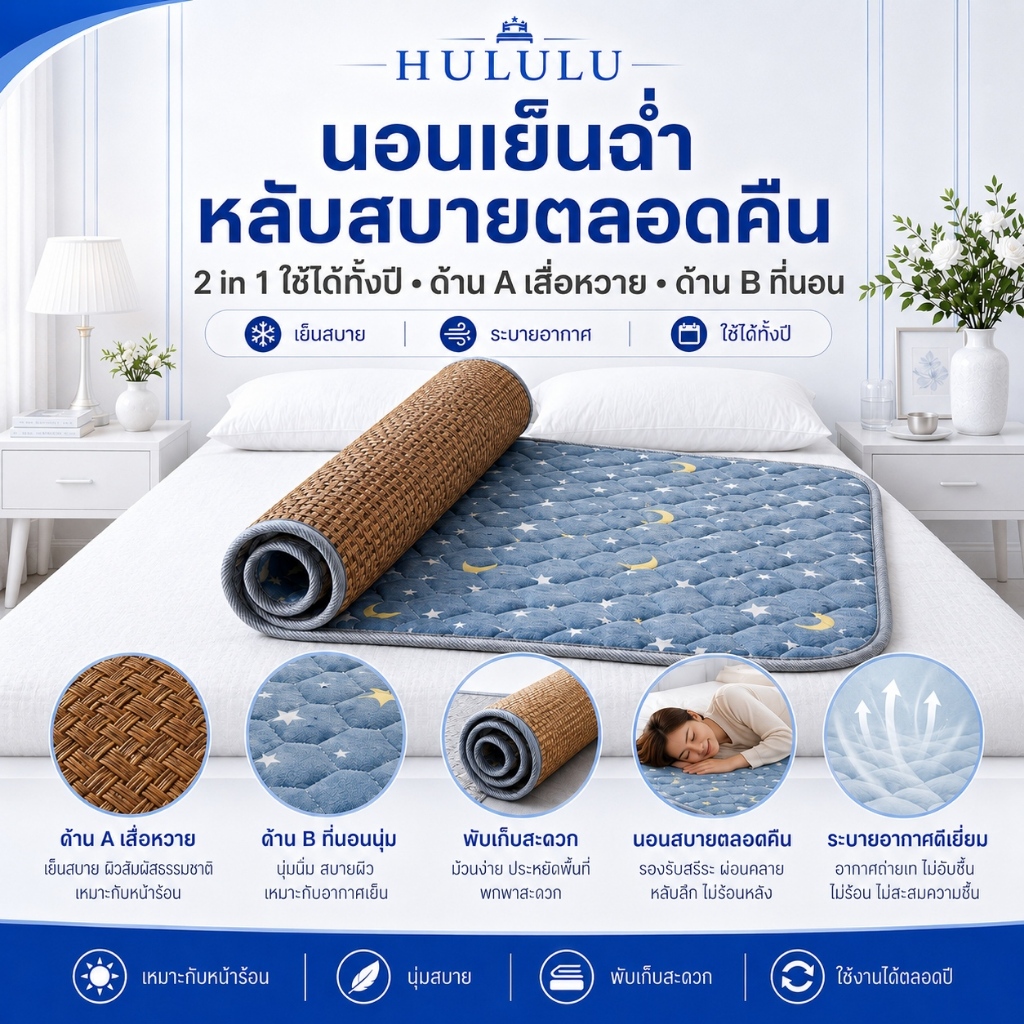 เสื่อเย็นสองด้าน เสื่อหวาย ที่นอนและเบาะนุ่ม 3ฟุต/5ฟุต/6ฟุต พรมปูพื้นห้องนอ เหมาะสำหรับทุกฤดูกาล