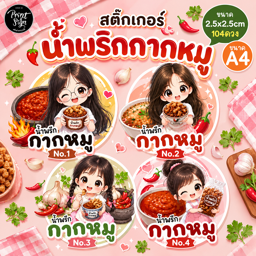 (สินค้าพร้อมส่ง)สติ๊กเกอร์กระดาษกันน้ำ80% น้ำพริกกากหมู