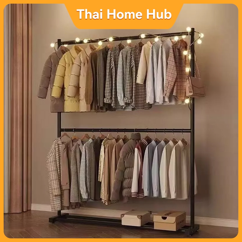 ราวแขวนเสื้อผ้า 2 ชั้น ทนทาน | เหล็กหนา 25 มม. รับน้ำหนักได้เยอะ ปรับสูง-ต่ำได้ พื้นที่ด้านล่างวางของได้ 🛍️ สารพัดประโยช