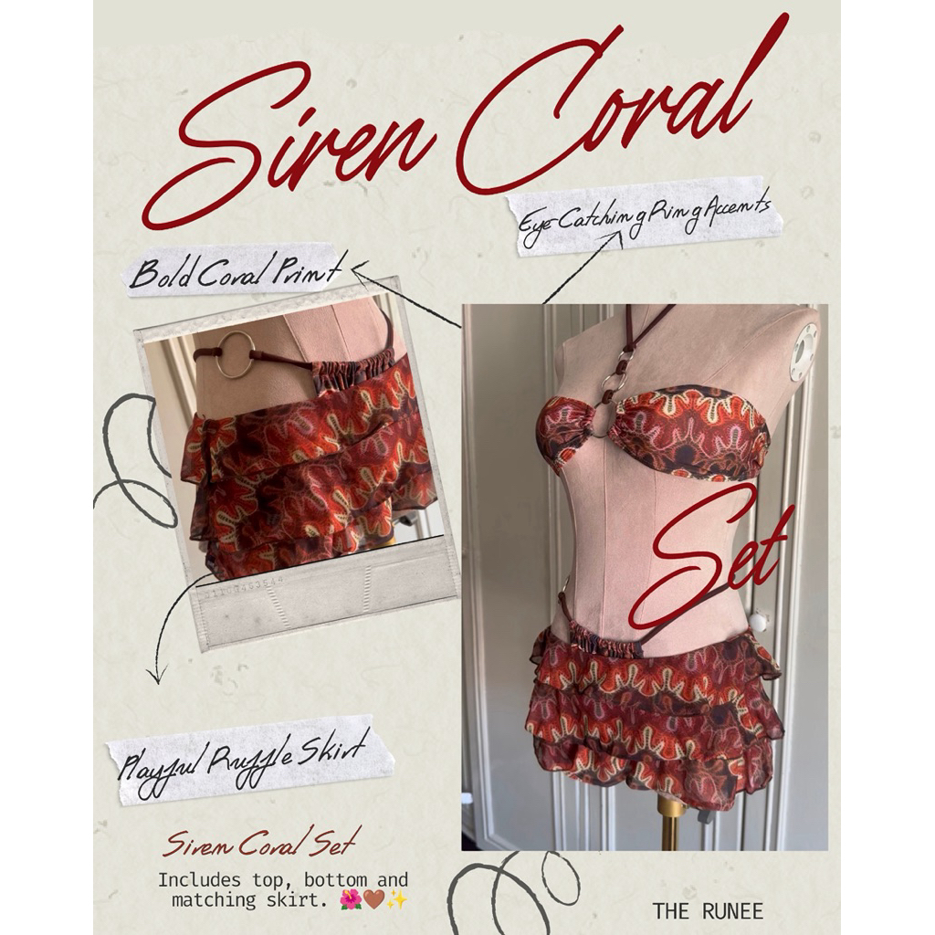 SIREN CORAL 🌺 บิกินี่ 3 ชิ้นครบเซต — บรา + กางเกง + กระโปรงเข้าชุด