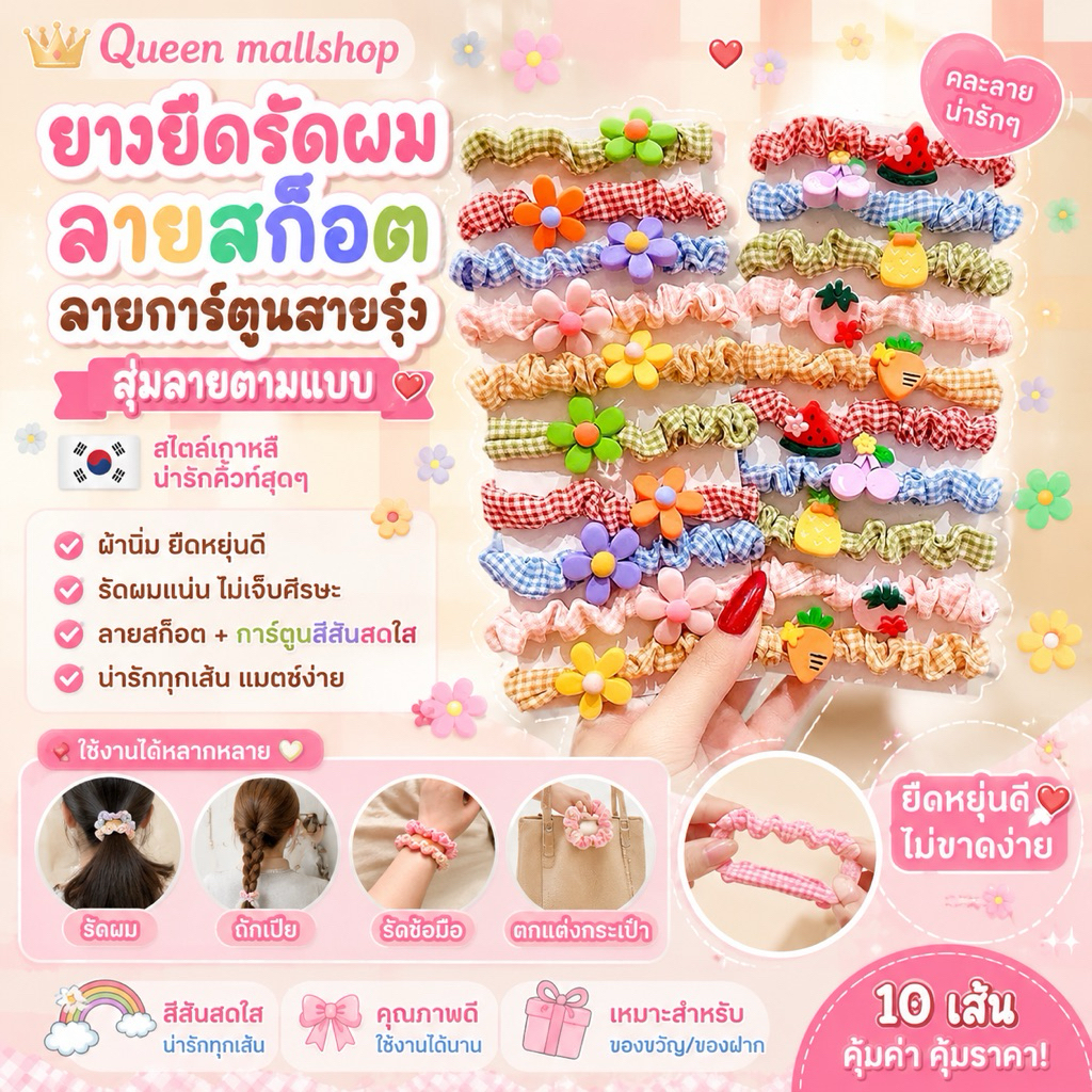 Queen mallshop ยางยืดรัดผม ลายสก็อต ลายการ์ตูนสายสีรุ้ง📌สุ่มลายตามแบบ หนังยางรัดผมเกาหลี  HDR590