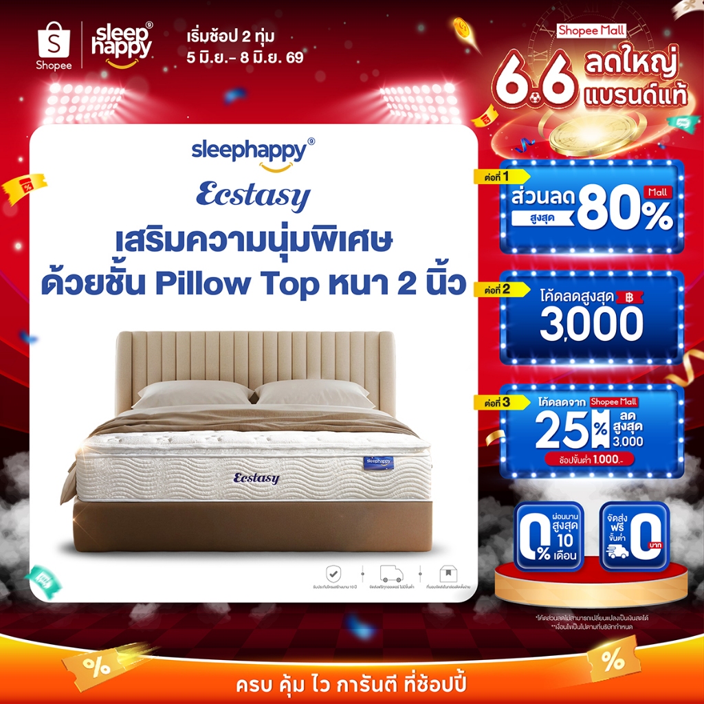 SleepHappy ที่นอนพ็อกเก็ตสปริงผสานยางพาราธรรมชาติแท้ 100% เสริม Pillow top รุ่น Ecstasy หนา 12 นิ้ว สัมผัสนุ่มแน่น