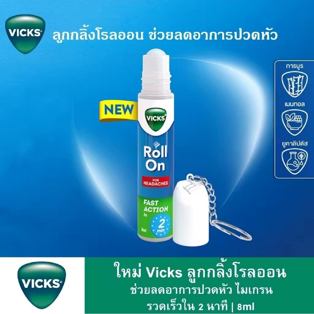 Vicks  Roll-On  For Headaches โรลออน ลูกกลิ้ง ปวดไมเกรน ปวดหัว วิงเวียน 8 ml.
