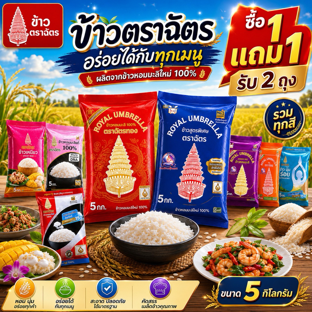 ( ข้าวฉัตร 2 ถุง) ข้าวตราฉัตร 5 กก. 2 ถุง ข้าวหอมมะลิใหม่ ข้าวหอมมะลิ100% ข้าวเหนียว ข้าวขาว ข้าวหอม นุ่ม อร่อย หุงขึ้