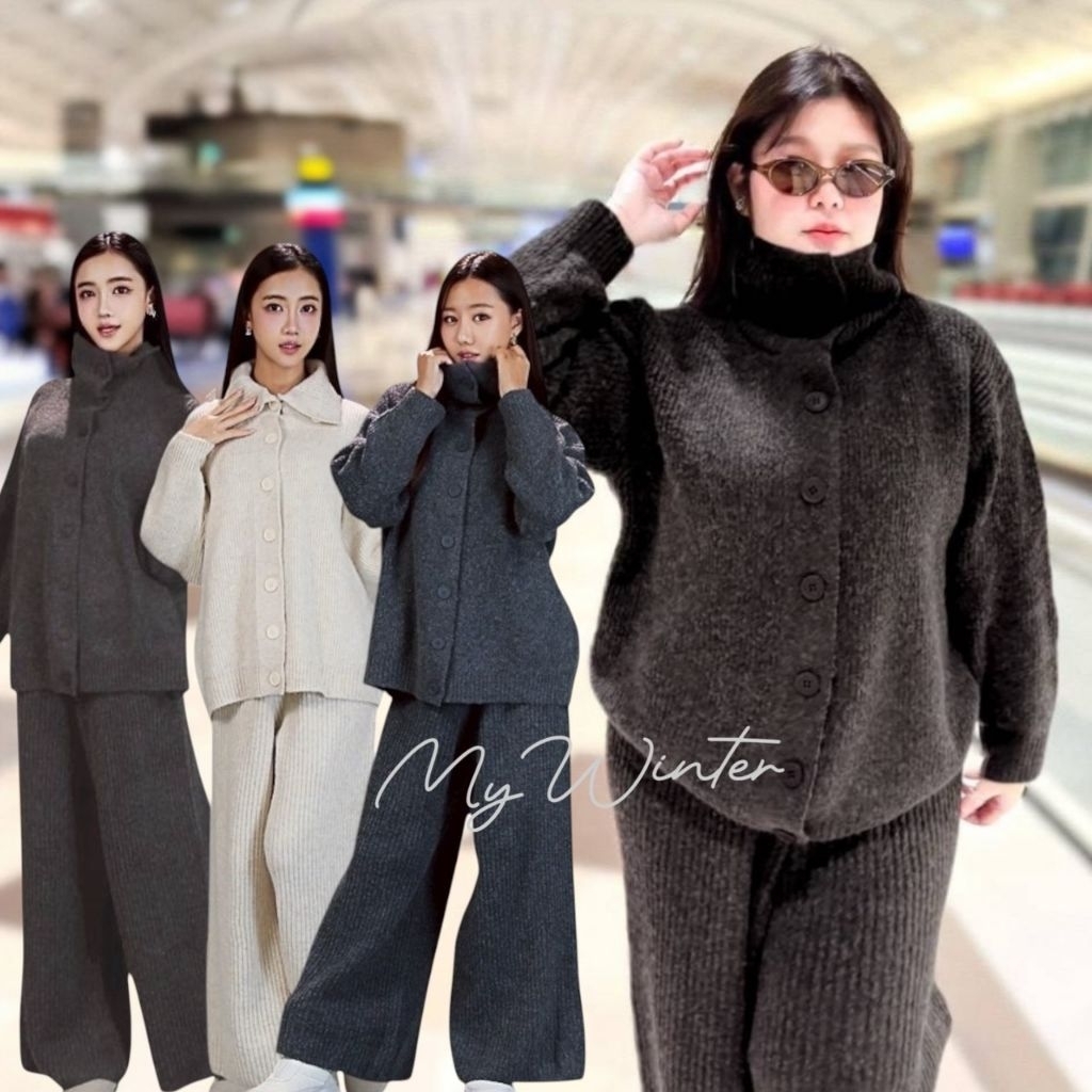HP60 Airport look ทรงสวย ผ้าไหมพรม อุ่น หนา เสื้อกระดุมผ่าหน้า ใส่แบบคอปกหรือติดกระดุมเป็นคอตั้งก็ได้ กางเกงทรงขากว้าง