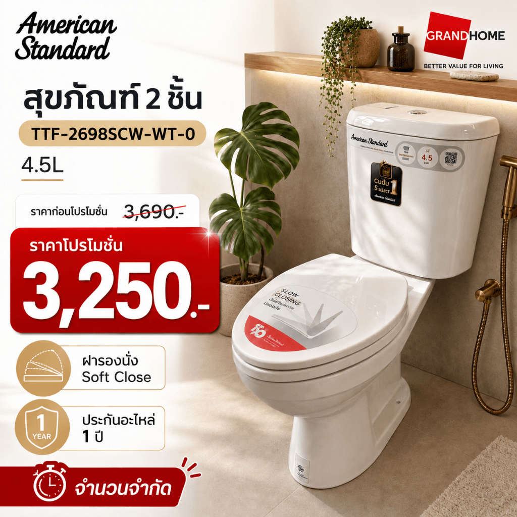 ????ของแท้..พร้อมส่ง???? AMERICAN STANDARD สุขภัณฑ์ 2 ชิ้น NEW WINPLUS TOP TF-2698SCW-WT-0 4.5ล. | ฝารองนั่ง Soft Close