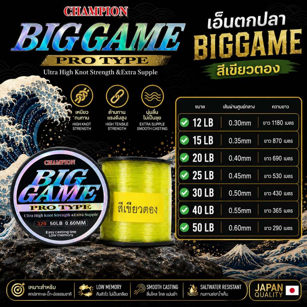 [พร้อมส่ง]เอ็นตกปลา BIGGAME biggame  สีเขียวตอง