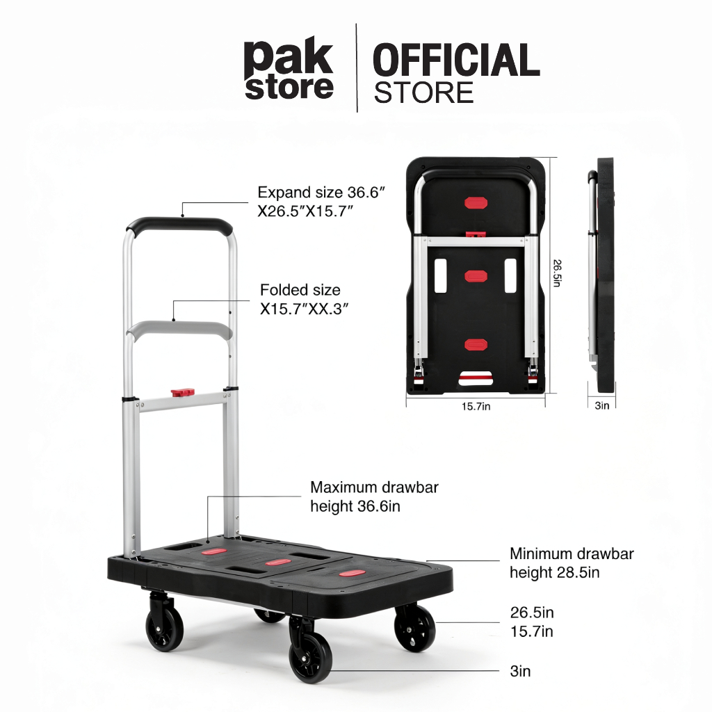 Pakstore Cart รถเข็นอเนกประสงค์พับเก็บได้ รับน้ำหนักได้สูงสุด 150 กิโลกรัม