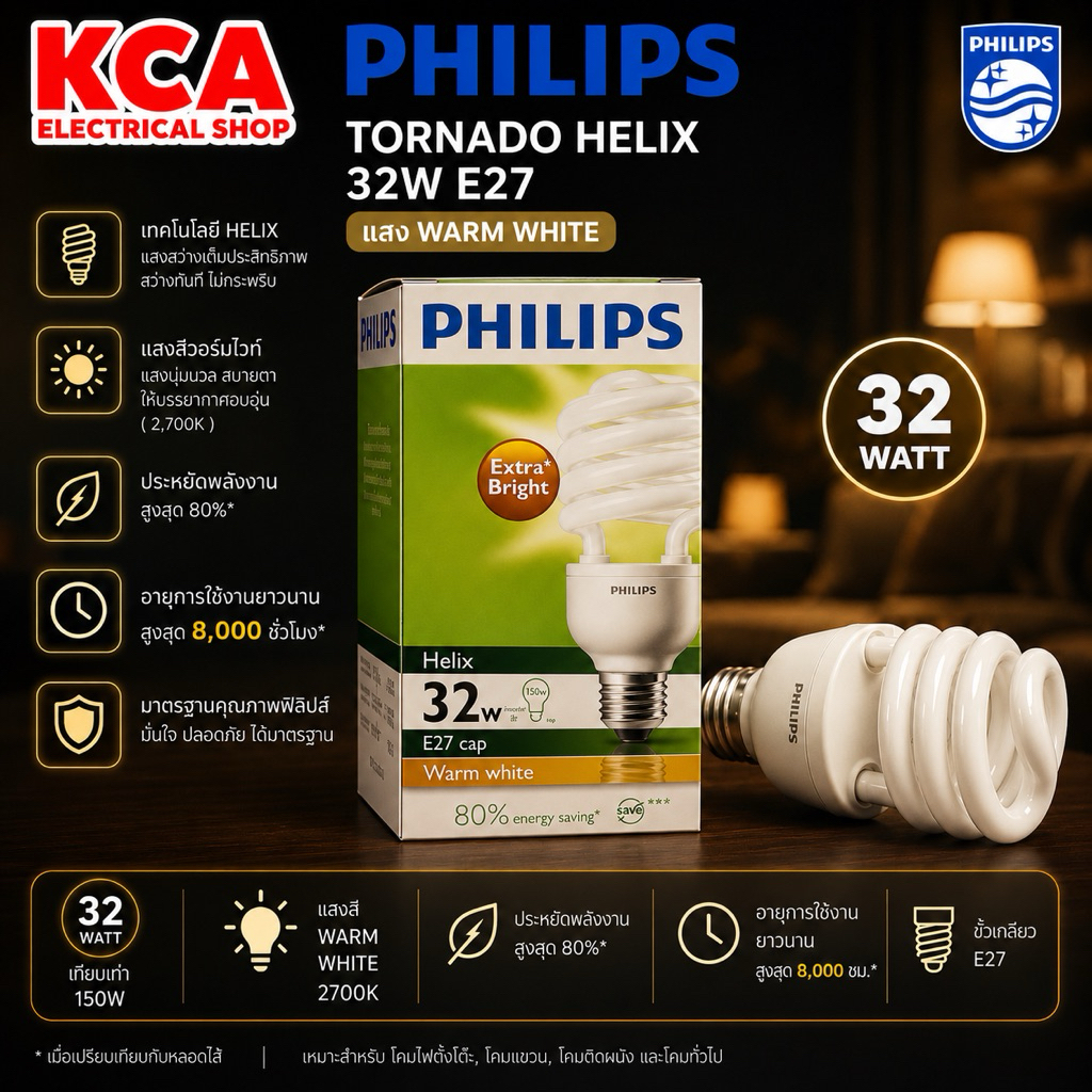 Philips Tornado หลอดประหยัดไฟ หลอดตะเกียบ ทอร์นาโด ฟิลิปส์ ขั้วE27 32W หลอดใหญ่ หลอดไฟเปิดท้าย