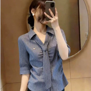 w734เสื้อเชิ้ตสตรีลายทางสีน้ำเงิน คอปก ผูกโบว์ มีสินค้าพร้อมส่งในประเทศไทย เหมาะใส่ฤดูร้อน มีไซซ์ใหญ่ สไตล์หวานน่ารัก