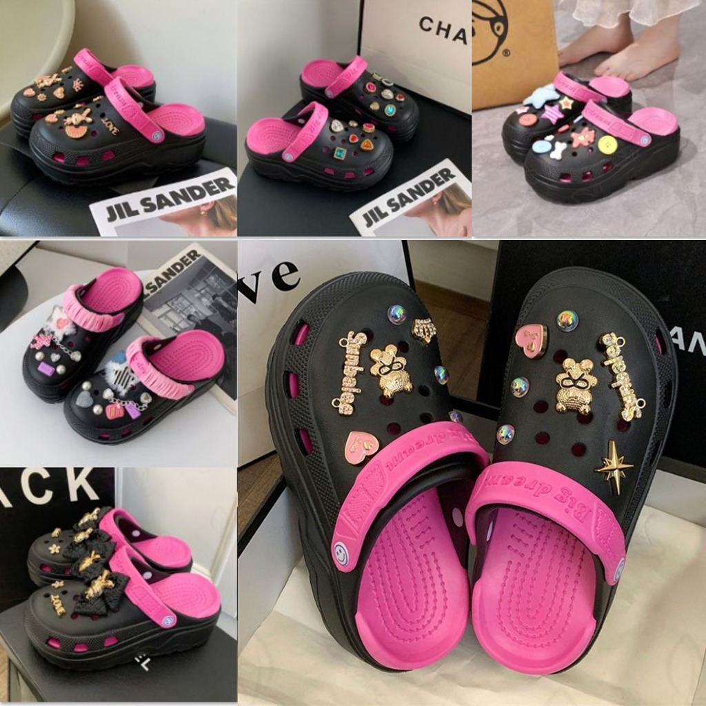 พร้อมส่ง รองเท้าหัวโต Black สีดำชมพูทูโทน รองเท้าแตะแบบสวมเสริมส้น พื้นหนาสูง 5 CM นิ่มเท้า น้ำหนักเบา ใส่สบาย H13A