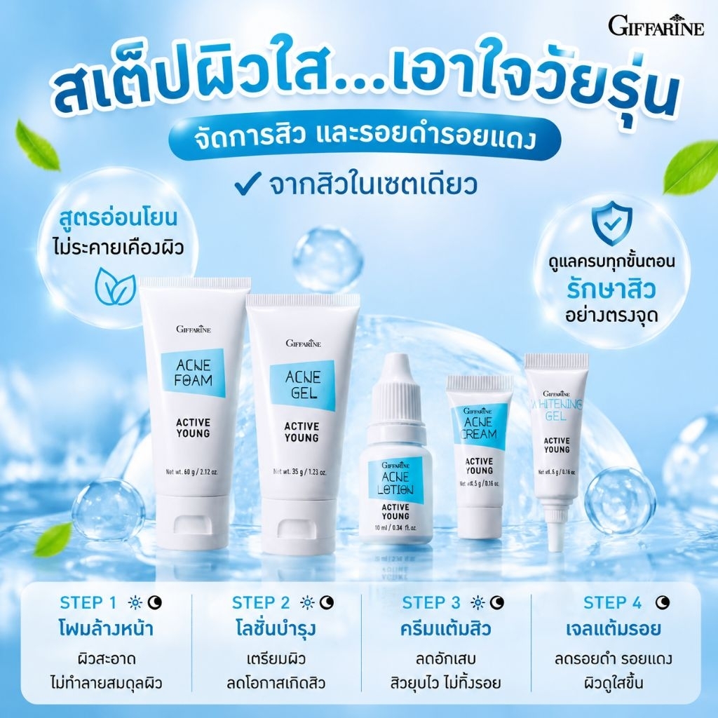 ชุดดูแลผิวหน้าวัยรุ่นปัญหาสิว  แอคเน่ กิฟฟารีน เหมาะสำหรับผู้ที่มีปัญหาเรื่องสิวและวัยรุ่น