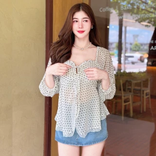 เสื้อแฟชั่น ผ้าซีฟอง (Polka Dot) สไตล์เวียดนาม แขนยาวติดโบว์ ทรงยาวชายพริ้ว แต่งลูกไม้ ระบายอก หลังสม็อค ใส่สบาย ใส่แมท