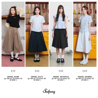 Cari_SP118 กางเกง5ส่วนขากว้างเอวสูง ใส่สบาย ดีเทลป้ายหนัง กระดุมตอก เท่สไตล์เกาหลี