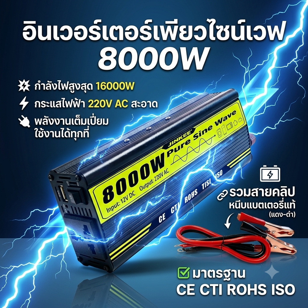 JinKee อินเวอร์เตอร์ 8000W Pure Sine Wave แปลงไฟ 12v เป็น 220v เครื่องแปลงไฟงานช่าง เครื่องมือไฟฟ้า [พร้อมส่ง/COD]