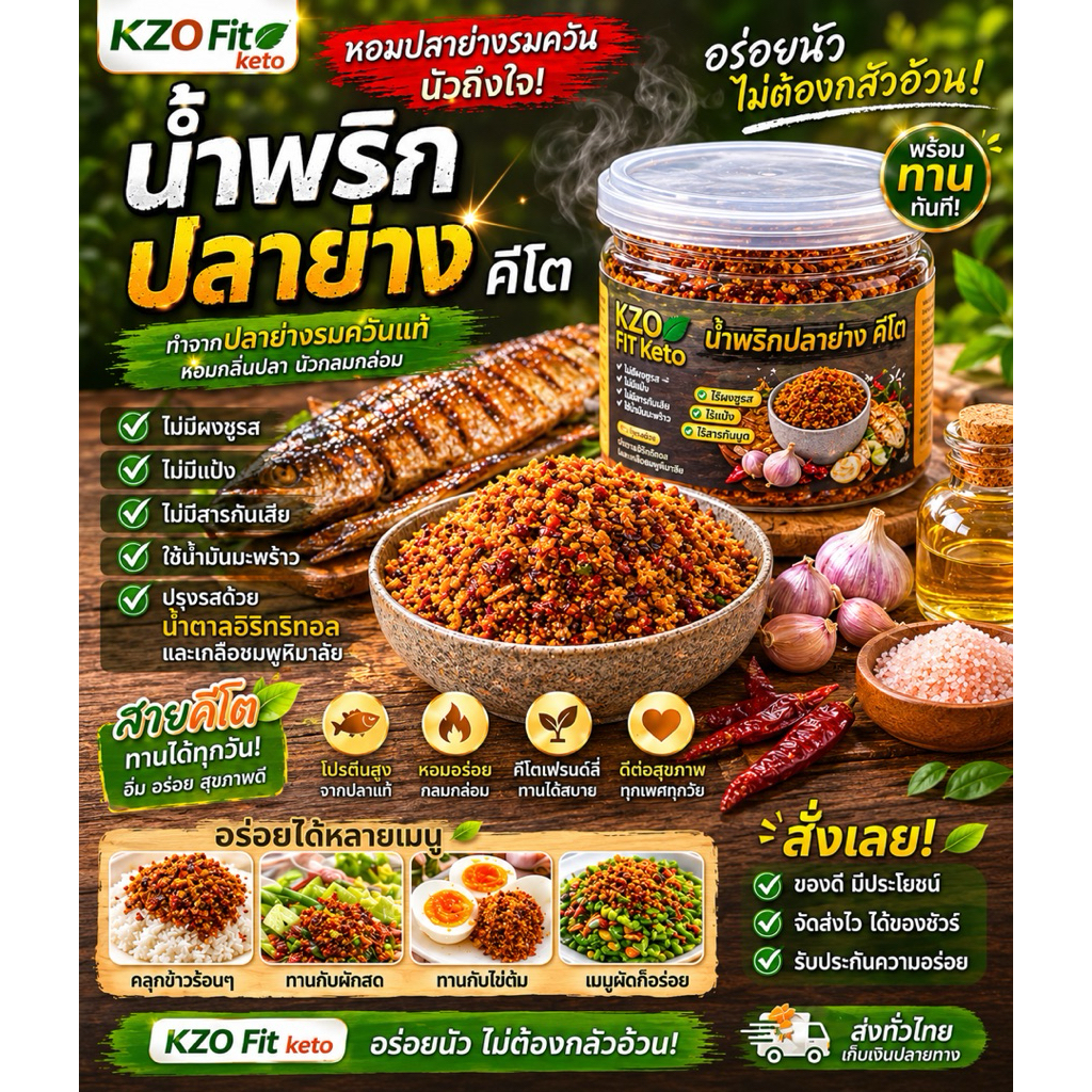 น้ำพริกปลาย่างคีโต ไม่มีผงชูรสปรุงรสด้วยน้ำตาลอีริทิทอ น้ำหนักสุทธิ90กรัม
