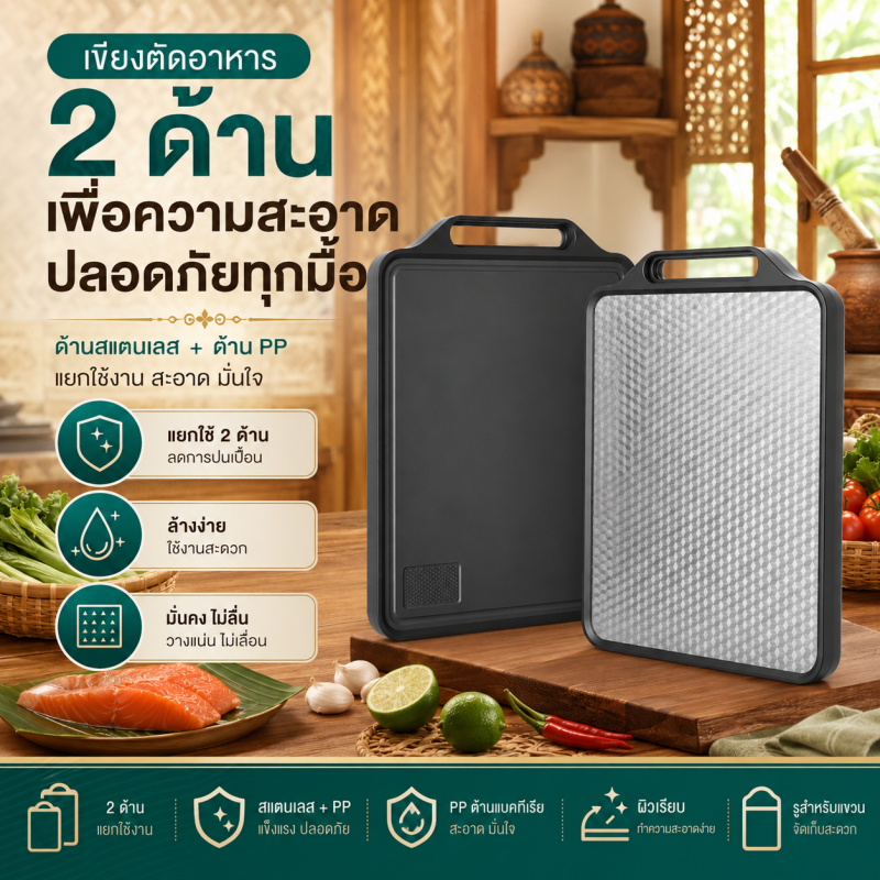 เขียงสแตนเลส เขียงหั่นอาหาร เขียงสองด้าน สแตนเลส PP กันลื่น ล้างง่าย สำหรับเนื้อ ผัก ผลไม้ ใช้ในครัว
