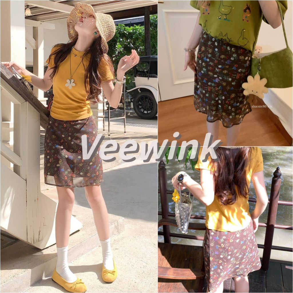 Veewink กระโปรงวินเทจลายดอกไม้ เอวสูง สีน้ำตาลเกาหลีดูแพง ความยาวกลาง ทันสมัย ปิดรูปร่างสาวลูกแพร์ ใส่แล้วเรียว