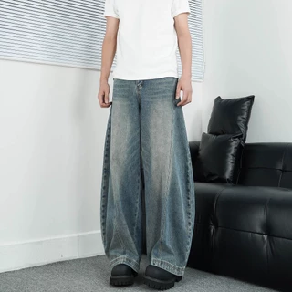 beerbroth- กางเกงยีนส์ยาวชาย ทรงกระบอกเอวสูง สีฟ้าอ่อน ขากว้าง Baggy Jeans ทรงหลวม สไตล์อเมริกันเรโทร ไซส์ใหญ่ เท่ๆ