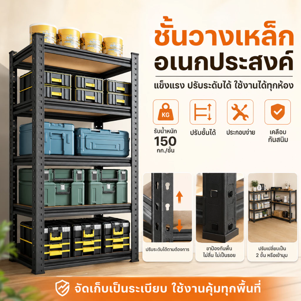 ชั้นวางของ ชั้นวางของเหล็ก ชั้นวาง ใหญ่3-6ชั้น สแตนเลส+ไม้900กก.เลือกได้หลายขนาด ชั้นวางของชั้นเหล็ก thumbnail 5