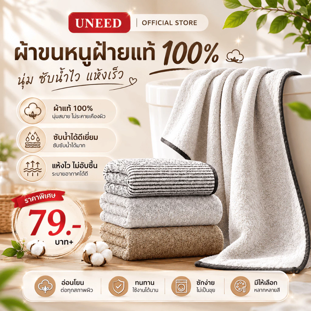 【UNEED】ผ้าเช็ดตัวแท้คอตตอน คอลเลคชั่นใหม่ 2026 แห้งเร็ว ซับน้ำดี มี 70x140 | 90x160 ซม มีสินค้าพร้อมส่ง มีหลายสีให้เลือก