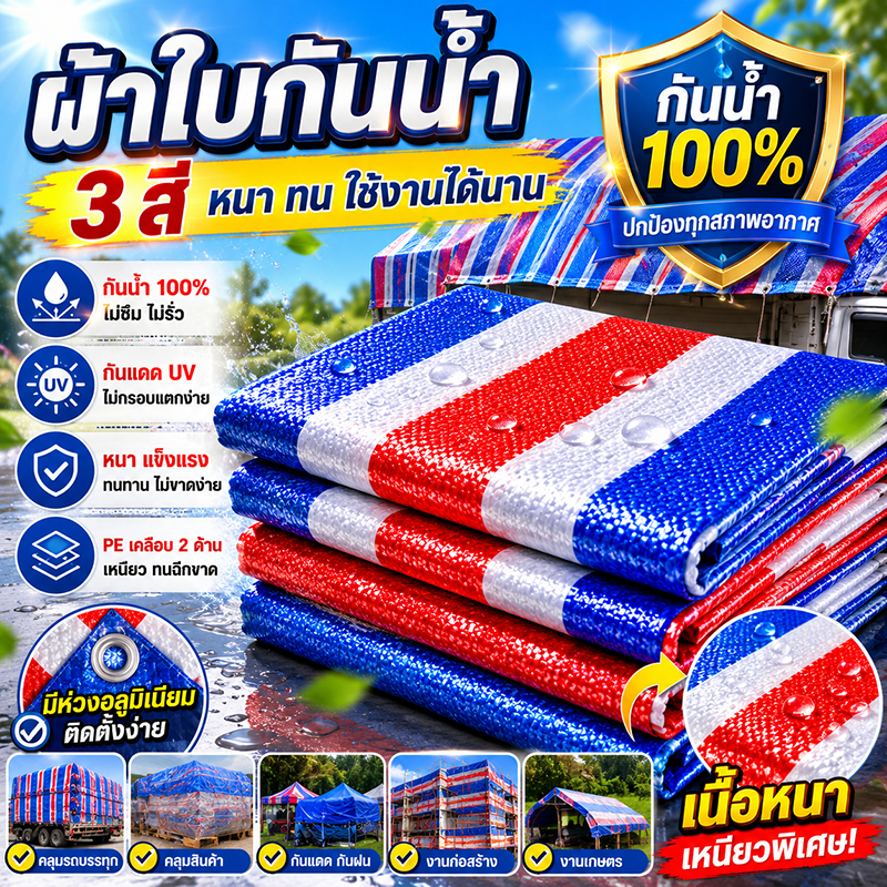 ผ้าใบกันน้ำหนาพิเศษ เคลือบกันน้ำ 2 ด้าน กันรังสี UV ทนทานสูง ทนต่อการฉีกขาดและการเสียดสี มี 3 สี ขนาดให้เลือก ใช้คลุมรถ