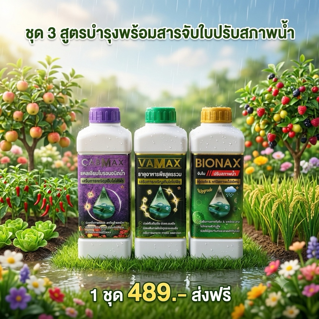 ปุ๋ยน้ำธาตุรองเสริมvamax+แคลเซี่ยมโบรอนcabmax+สารจับใบปรับสภาพน้ำBionax (C1+V1+B1)