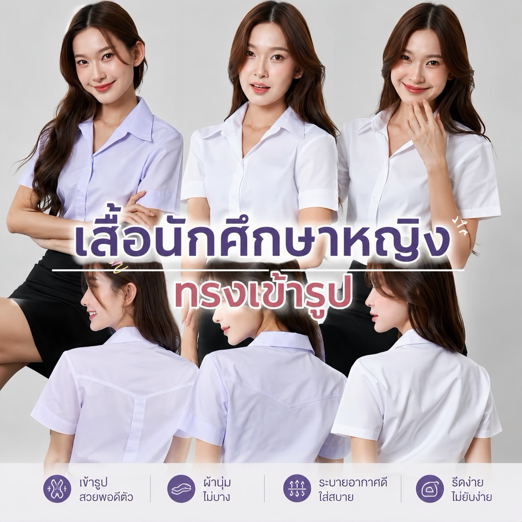 เสื้อนักศึกษาหญิงเข้ารูป เสื้อนักศึกษาถูกระเบียบ ขาวนวล ขาวสว่าง สีโอโม่(ทรงมหิดล ทรงอาชีวะ ทรงจุฬา)