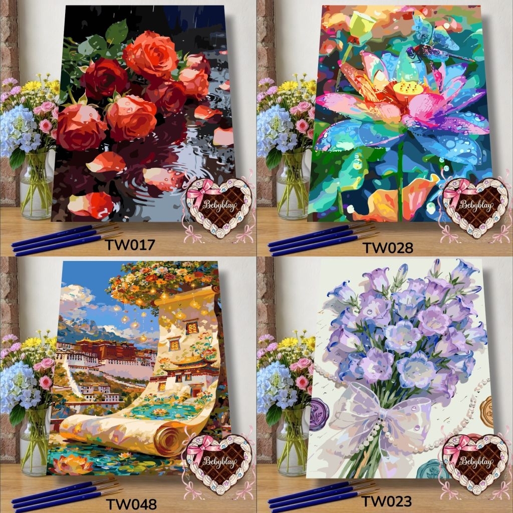 ภาพระบายสีตามตัวเลข​ ​ภาพรวมดอกไม้ ขนาด40*50​ 42-48สี​ จุกๆ​ เฉพาะ​ผ้าใบ*