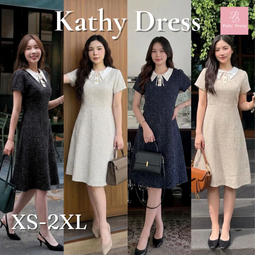 PNK046✨ Kathy Dress เดรสแขนสั้น คอปก ผูกโบว์ กระดุมหน้า ผ้าทวีต สุภาพ ดูดี ลุคทำงาน Pinky Dressy