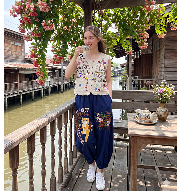 กางเกงพื้นเมือง ขายาว ผ้าฝ้ายหนังไก่ ปลายขาจั๊ม ทรงบอลลูน ปักมือด้วยไหมประดิษฐ์