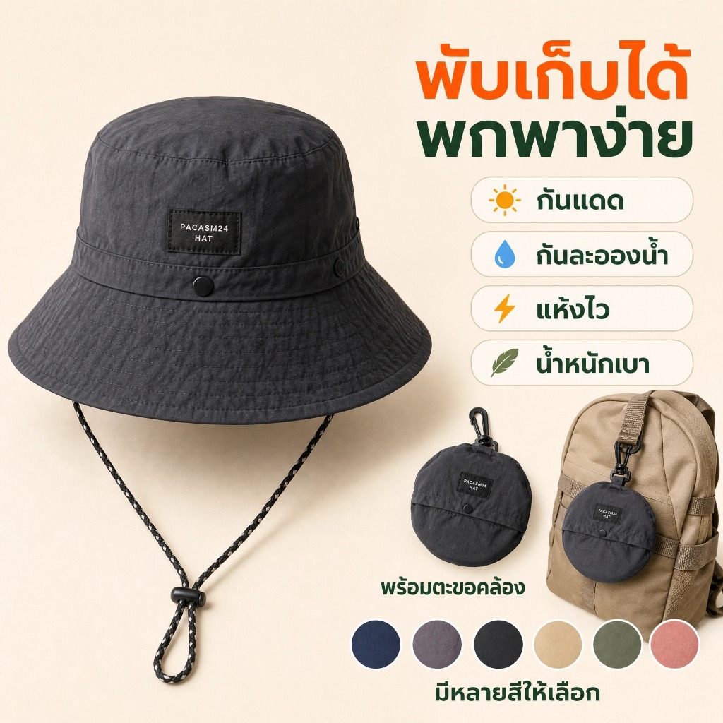NOVA Mart หมวกบักเก็ตพับเก็บได้ กันแดด กันละอองน้ำ แห้งไว น้ำหนักเบา พร้อมตะขอคล้อง สำหรับเดินป่า ท่องเที่ยว และกิจกรรมก