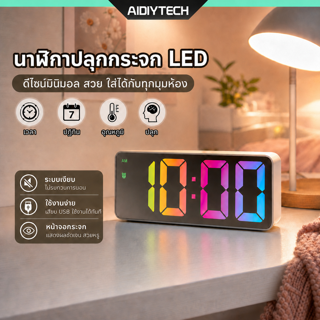 นาฬิกาตั้งโต๊ะ นาฬิกาปลุก LED ดิจิตอล เปลี่ยนสีได้ สไตล์มินิมอล แต่งห้องน่ารัก เปิดหน้าจอด้วยเสียง [ส่งด่วนจากไทย]