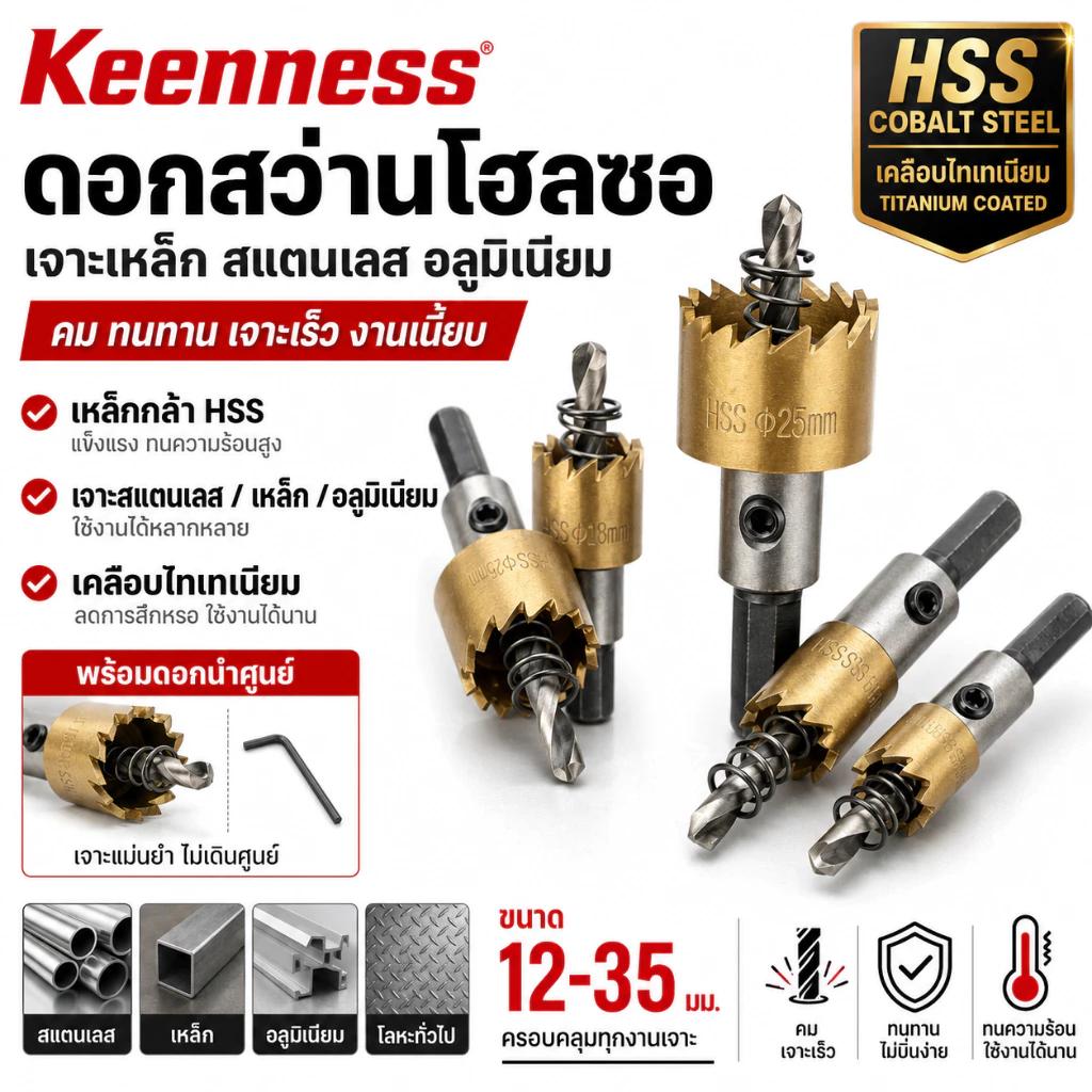 Keenness โฮลซอเจาะเหล็ก HSS เจาะสแตนเลส อลูมิเนียม 12-35 มิล โฮลซอชุบไทเทเนียม ดอกเจาะโฮลซอ ดอกสว่านเจาะเหล็ก
