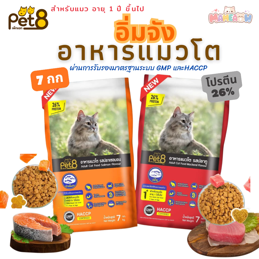 [7 กิโลกรัม] Pet8 เพทเอท อิ่มจัง สูตรโปรตีน 26% ไม่เค็ม อาหารแมวโต ขนาด 7 kg