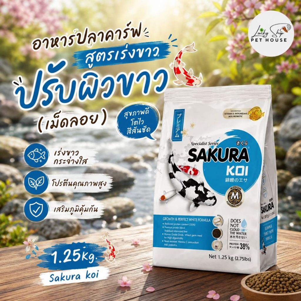 อาหารปลาคาร์ฟสูตรเร่งขาว ปรับผิวขาว (เม็ดลอย) 1.25Kg. Sakura koi