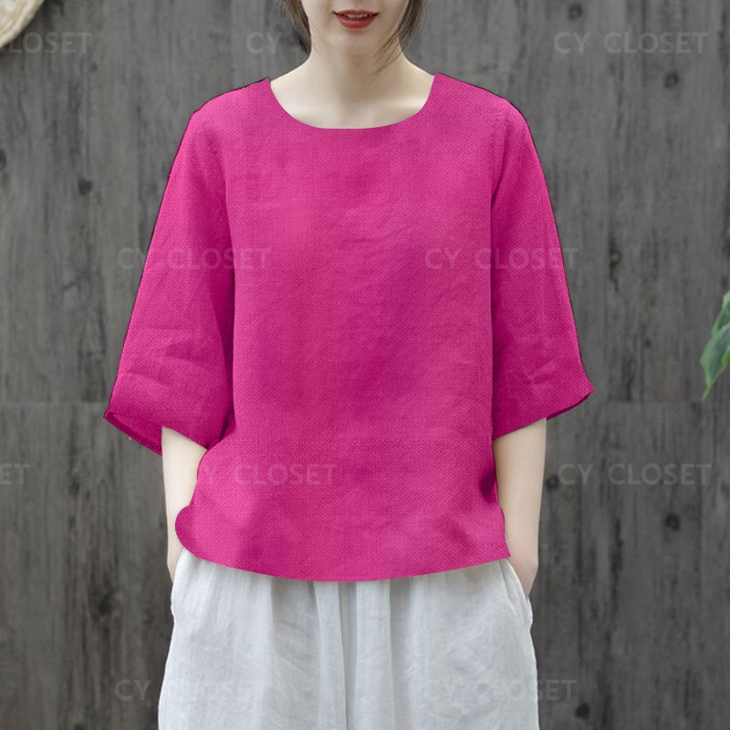 เสื้อผู้หญิงคอกลม แขนสามส่วน ผ้าฝ้าย รหัส KA08