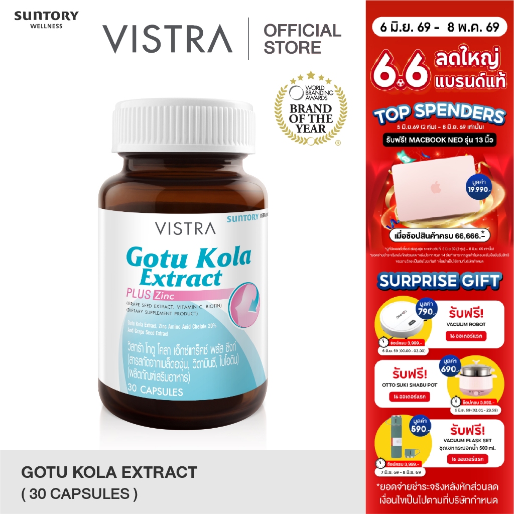 VISTRA GOTU KOLA EXTRACT PLUS ZINC 30 CAPS 16.5 กรัม - วิสทร้า โกตู โคลา เอ็กแทรค พลัส ซิงก์ (สารสกัดจากใบบัวบก)