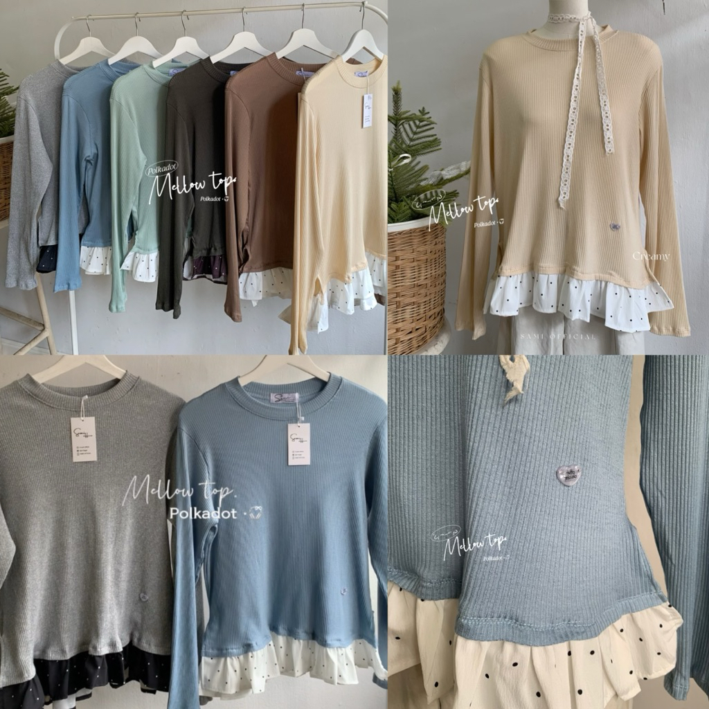Mallow top⊹ ࣪ ˖ 🐰ྀི เสื้อยืดคอกรม ผ้าร่อง 🐈‍⬛ྀི  ดีเทล: แขนกระบอกตรง 𓍼 แต่งระบายชายลายจุดรอบ ผ่าด้านข้างเล็กน้อย ִֶָ.  𖥦