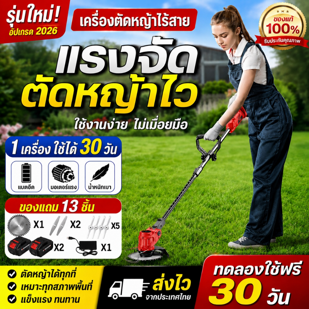 【ใช้งานทั้งวัน】เครื่องตัดหญ้า 90000mAh*2 ยืดได้ ไร้สาย ไฟฟ้า รับประกัน 5ปี เบาและประหยัดแรงงาน  เครื่องตัดหญ้าไร้สาย