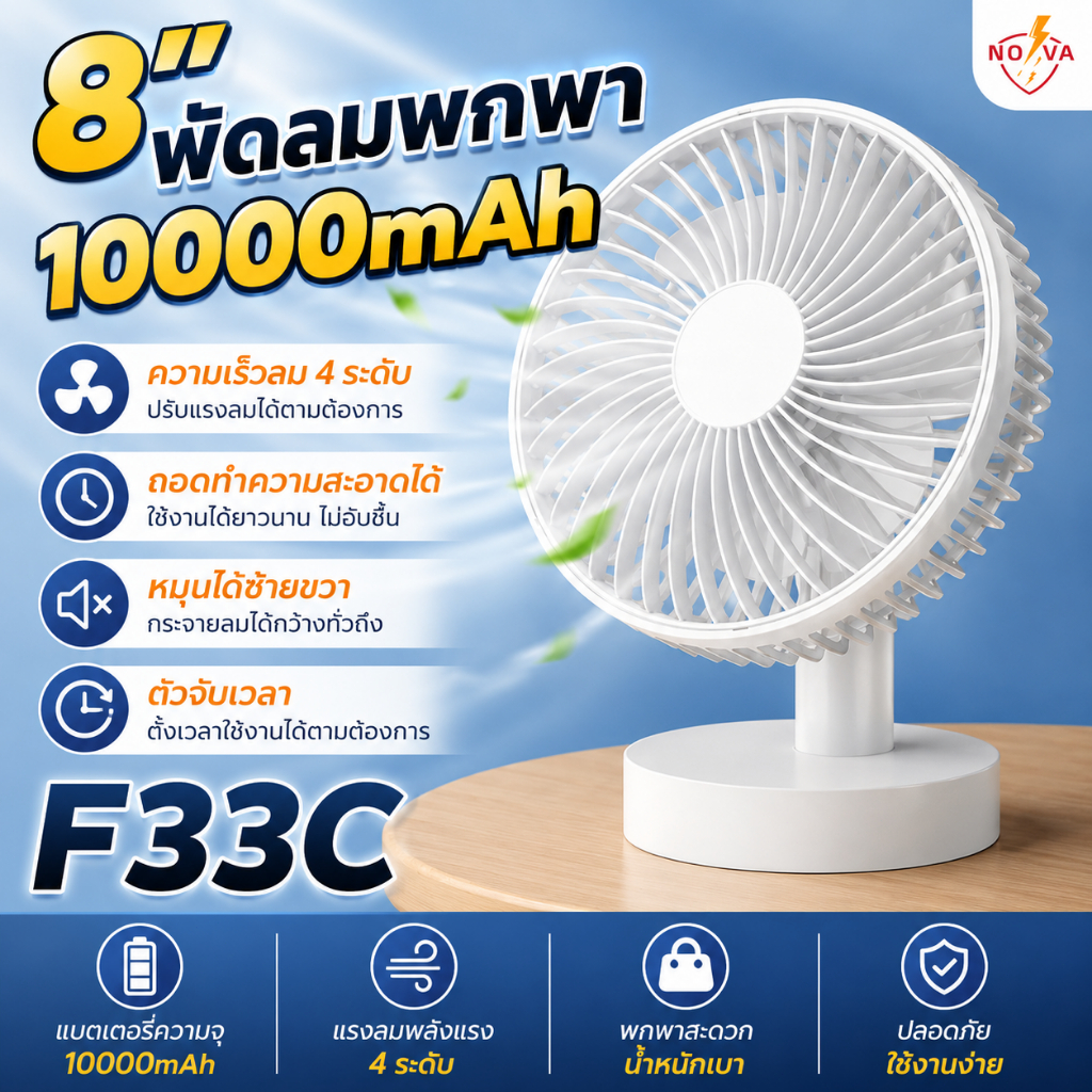 ใช้ได้ 64 ชั่วโมง NOVA พัดลมตั้งโต๊ะ พัดลมพกพา ชาร์จ USB แบตเตอรี่10000mAh พัดลมเล็ก พดลมพกพา F33C