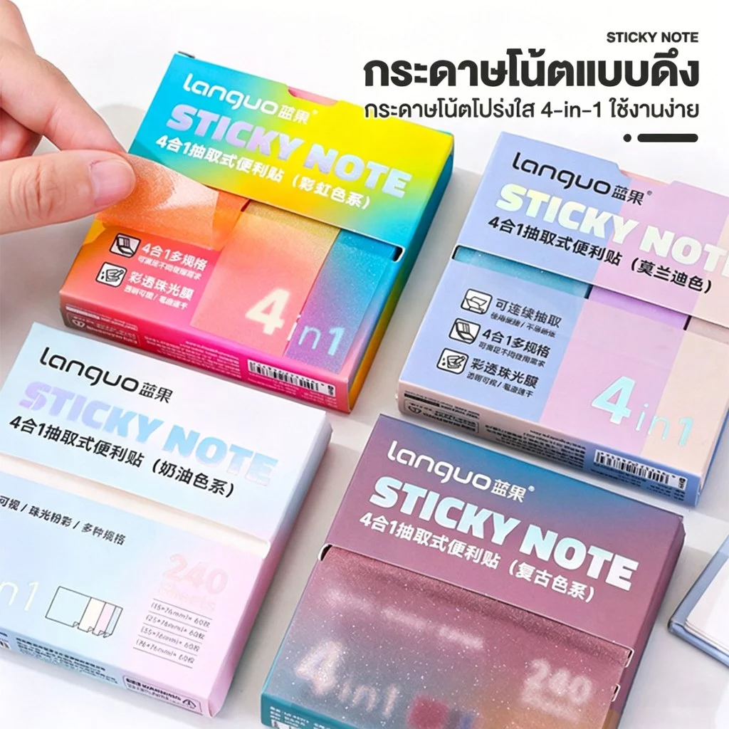 กระดาษโน๊ตกระดาษโพสอิท 4 in 1 วัสดุโปร่งแสงด้าน 240 แผ่น มีกาวในตัว โพสอิทหลากสี พร้อมส่ง
